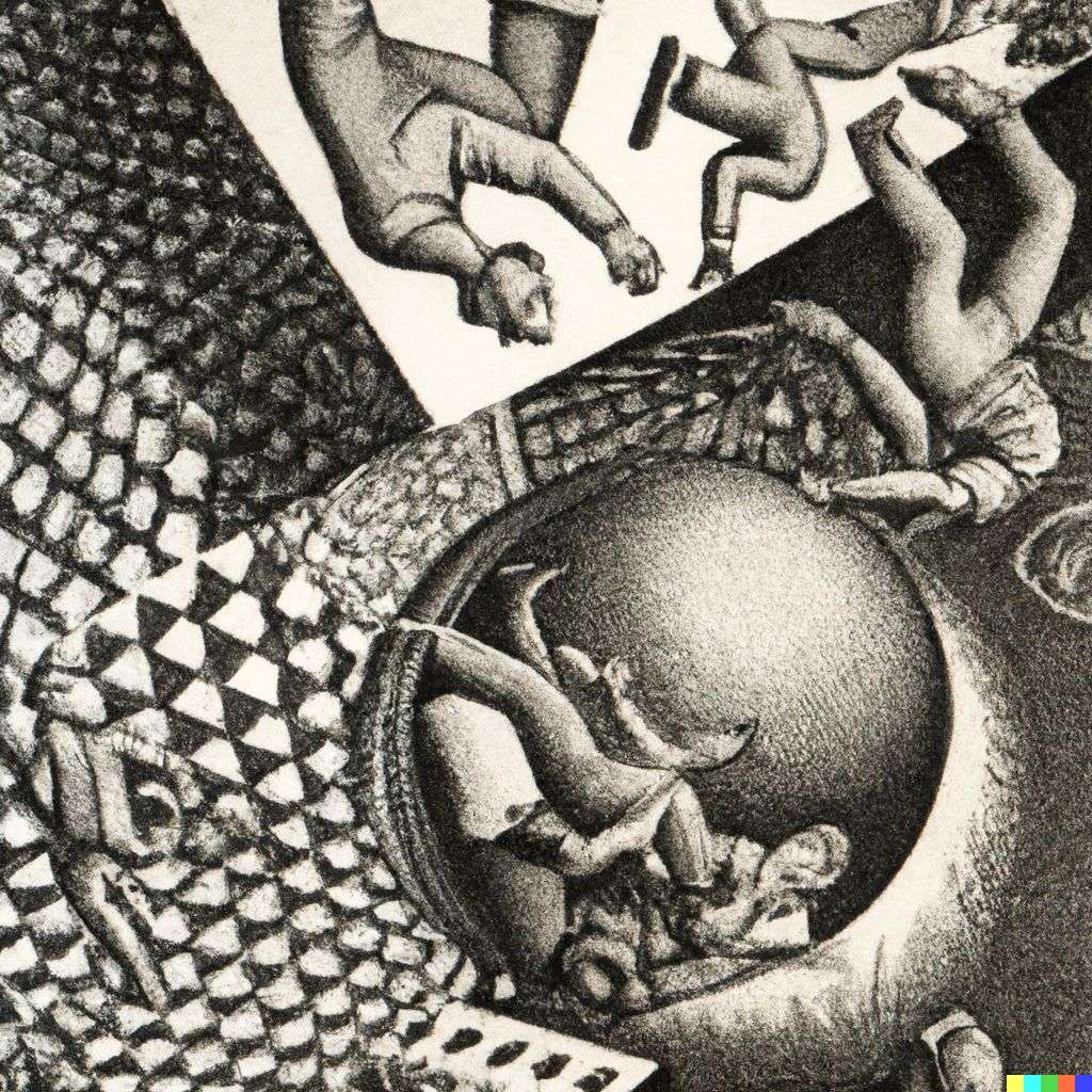 the discovery of gravity, lithography by Escher
